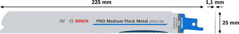 Savklinge til metal, 225 mm lang, 25 mm høj, 1,1 mm tyk, mærke Bosch, egnet til mellemtykt metal.