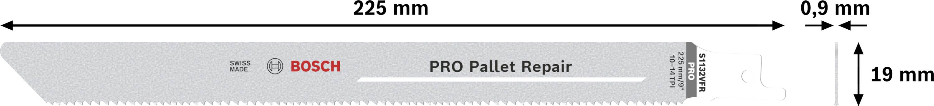 Savklinge fra Bosch med målene 225 mm længde, 19 mm højde og 0,9 mm bredde, specielt til pallereparation.