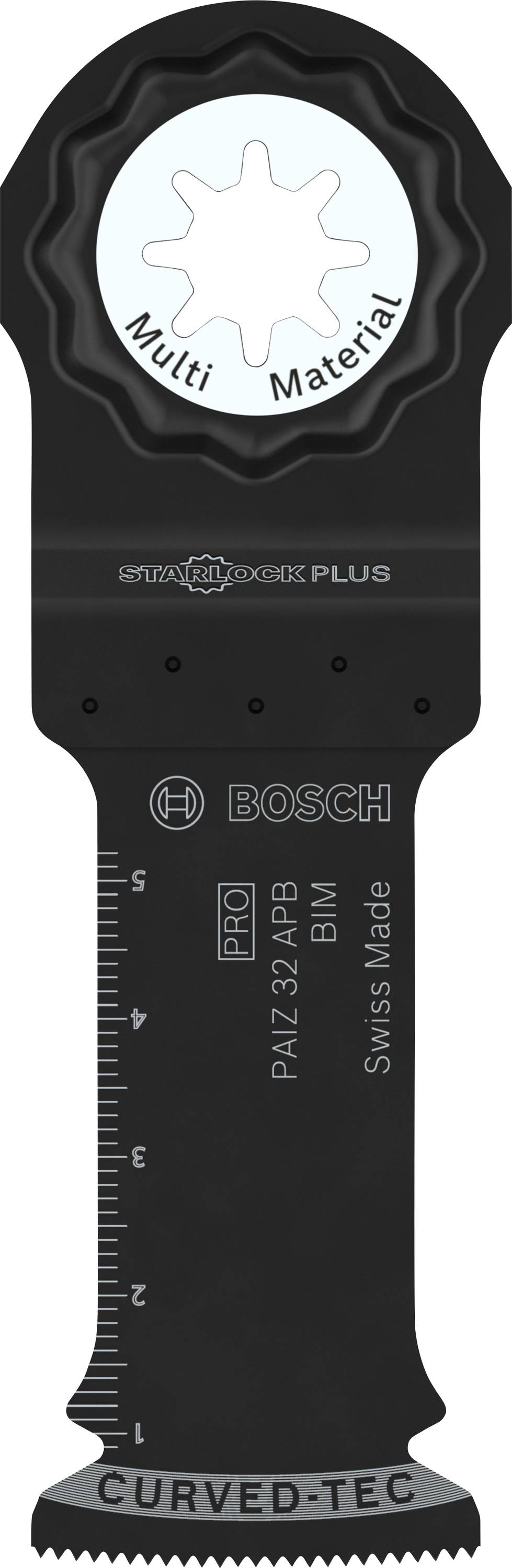 Bosch Starlock Plus savklinge til multimaterialer, sort, med tandet kant og måleskal på forsiden.
