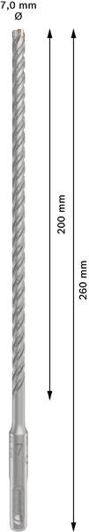 Bor med 7,0 mm diameter, 260 mm samlet længde, 200 mm arbejdslængde. Drejningsretninger vist med pile.