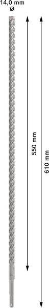 Billede af en bor med en diameter på 14,0 mm og en længde på 610 mm. Den brugbare del er 550 mm lang.