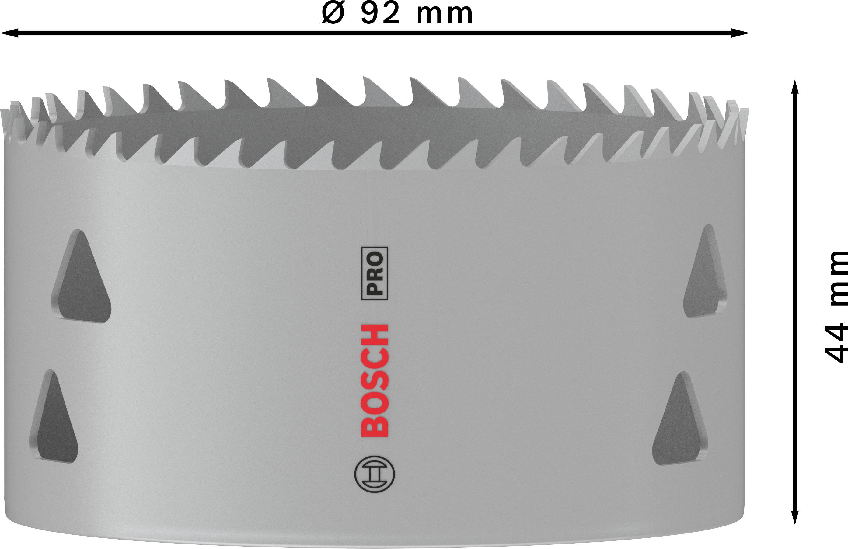 Grå hulsav fra Bosch Pro, Ø 92 mm, højde 44 mm, med skarpe tænder, velegnet til metal- og træmaterialer.