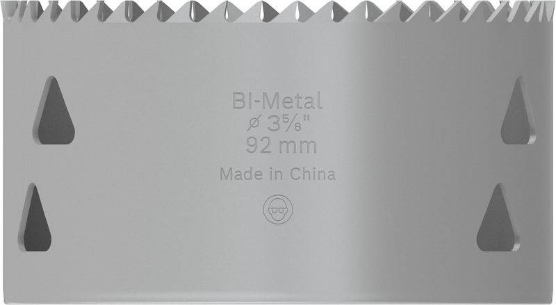 Sølvfarvet savklinge med påskriften 'BI-Metal 3/8" 92 mm Fremstillet i Kina'.