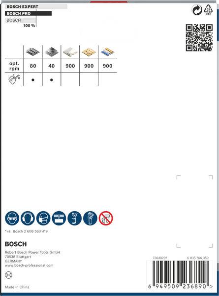 'Bosch Expert' pakningsetiket viser symboler for kompatible materialer og anbefalede omdrejningstal. Indeholder produkt- og producentoplysninger.