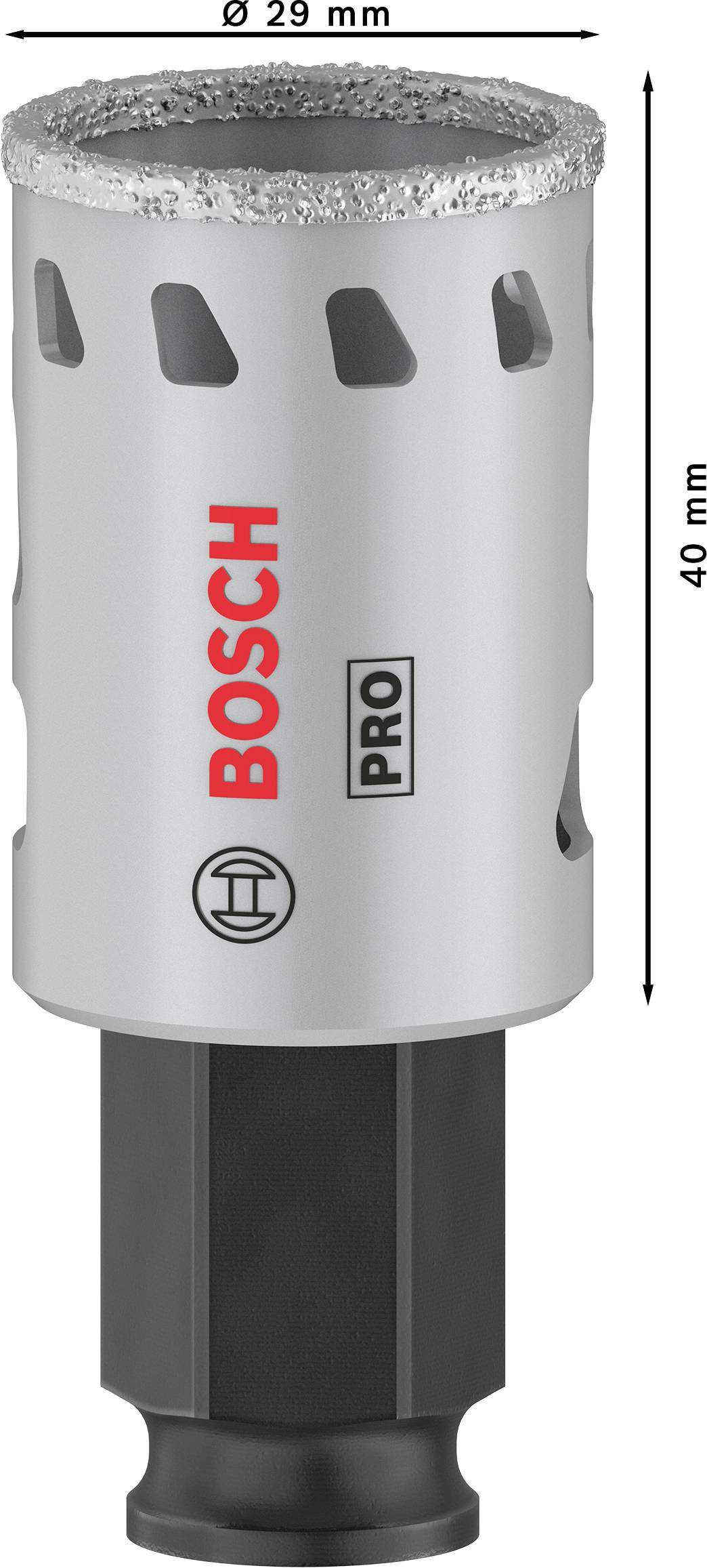 Grå hulsav fra Bosch, mærket med 'Pro', har en diameter på 29 mm og en højde på 40 mm.