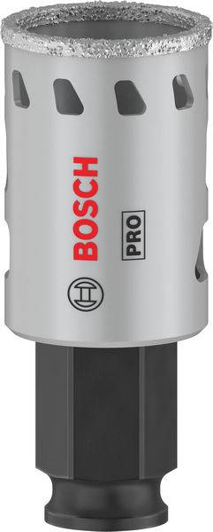 Boremaskine med sølvfarvet kabinet, røde 'BOSCH' og 'PRO' logoer. Velegnet til professionelle anvendelser med præcis bearbejdning.