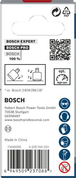 Emballage til Bosch Pro-værktøjstilbehør. Indeholder grafik af produktet, QR-kode, installationsvejledning og sikkerhedsadvarsler.