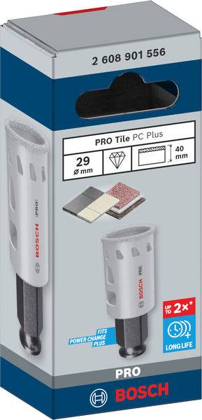 Emballage til Bosch Pro Tile PC Plus flisebor. Viser billeder af produktet, diameter på 29 mm, skæredybde på 40 mm.