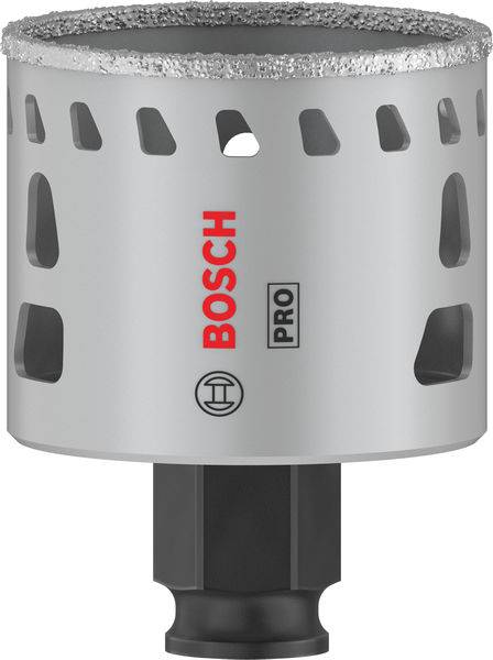 En grå hulsav med slidser og diamantbesat kant. Påskrift 'Bosch Pro'. Egnet til præcis boring i hårde materialer.
