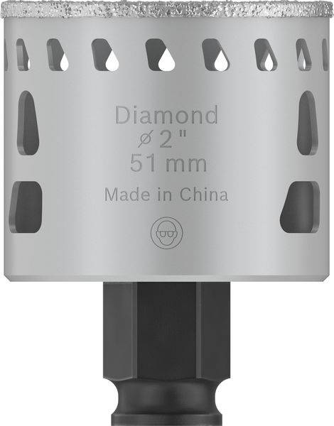 Bor med diamantbelagt spids, påskrift: 'Diamond ⌀ 2″ 51 mm, Made in China'. Specielt design til præcise boringer.