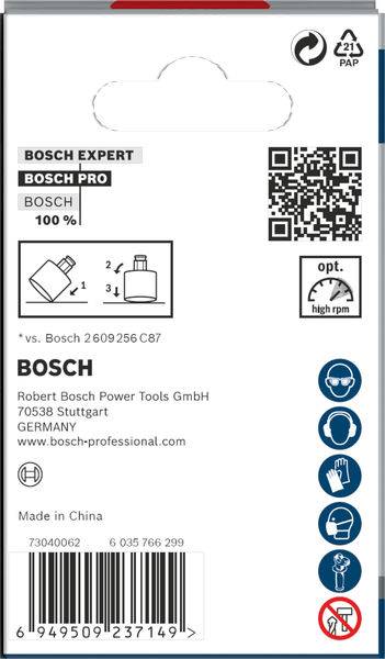 Bagsiden af en Bosch-produktemballage med logoer, QR-kode, brugsvejledning og stregkode. Indeholder genbrugs- og sikkerhedssymboler.