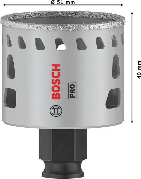 En diamantbelagt hulsav fra Bosch, Pro-serien, diameter 51 mm, højde 40 mm, egnet til hårde materialer.