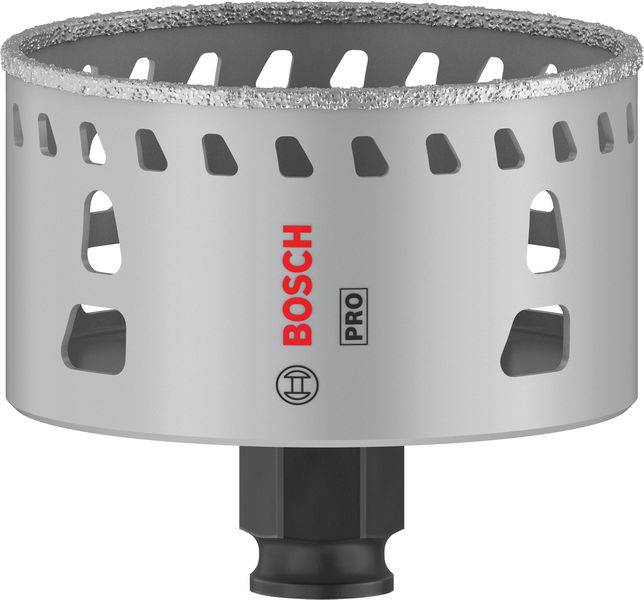 Sølvfarvet borekonge med diamantbesætning og ventilationsåbninger. Påtryk 'BOSCH PRO' og symboler på siden. Egnet til professionelle værktøjer.