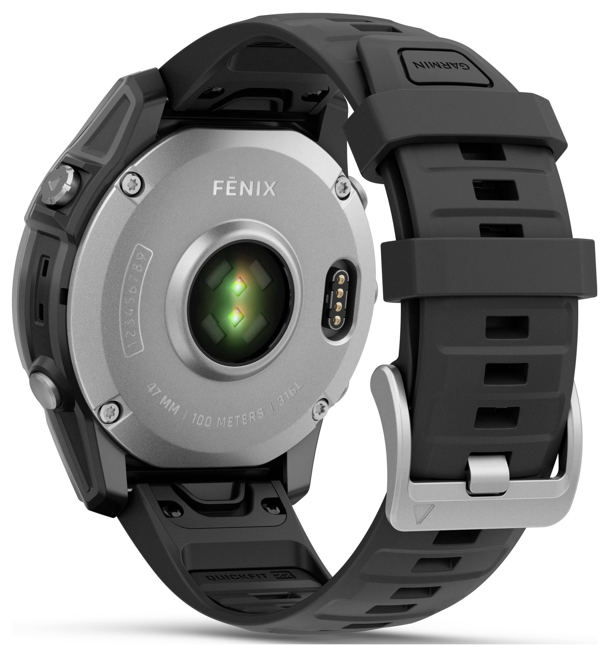 En smartwatch set bagfra med et gråt hus og et sort armbånd. Synlig hjertefrekvens-sensor og opladningsporte.