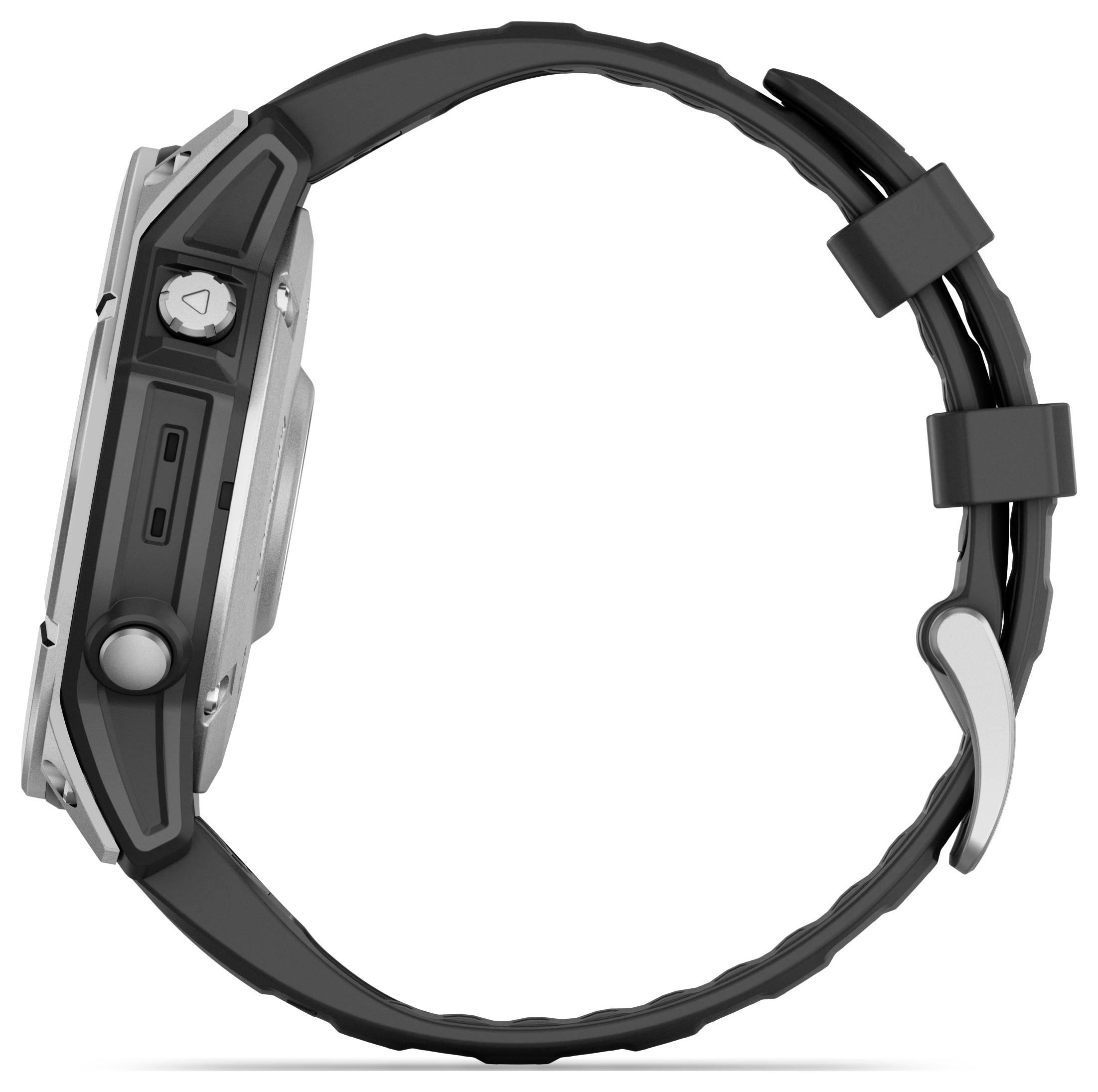 Sidevisning af et sort, moderne armbåndsur med gummirem og sølvfarvet kabinet; viser profilen og knapperne.