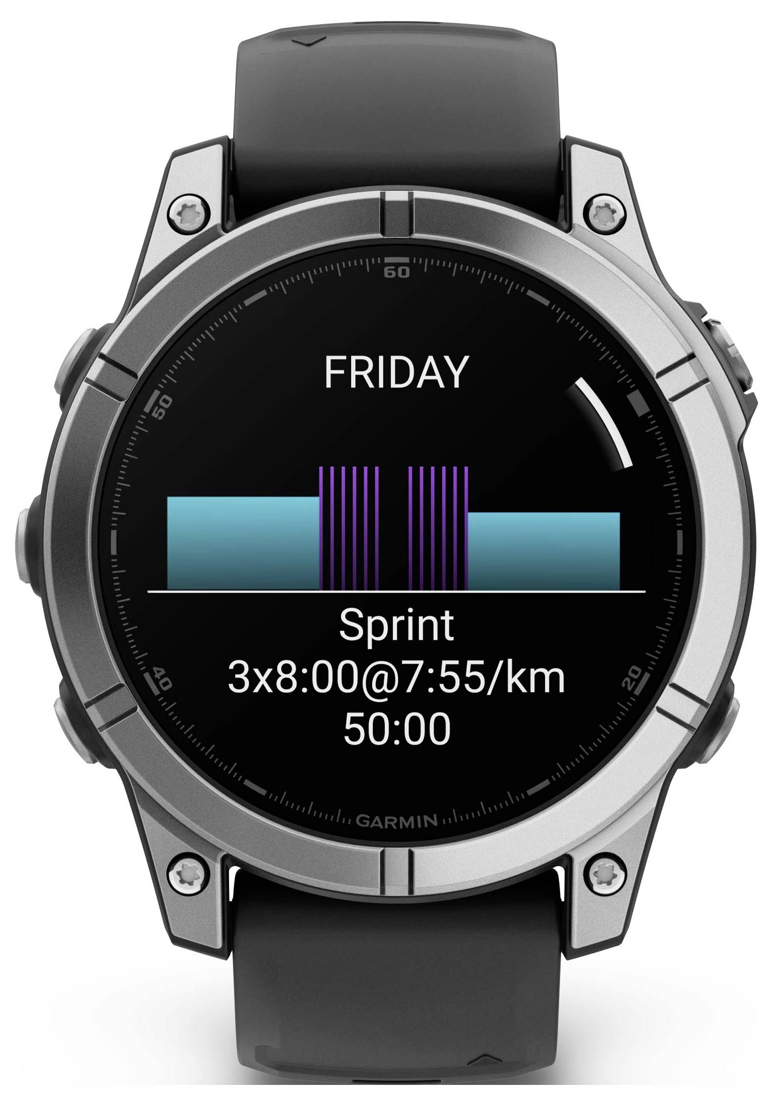 En smartwatch-skærm viser 'Fredag' og et træningsprogram: 'Sprint 3x8:00@7:55/km 50:00' med en fremdriftslinje.