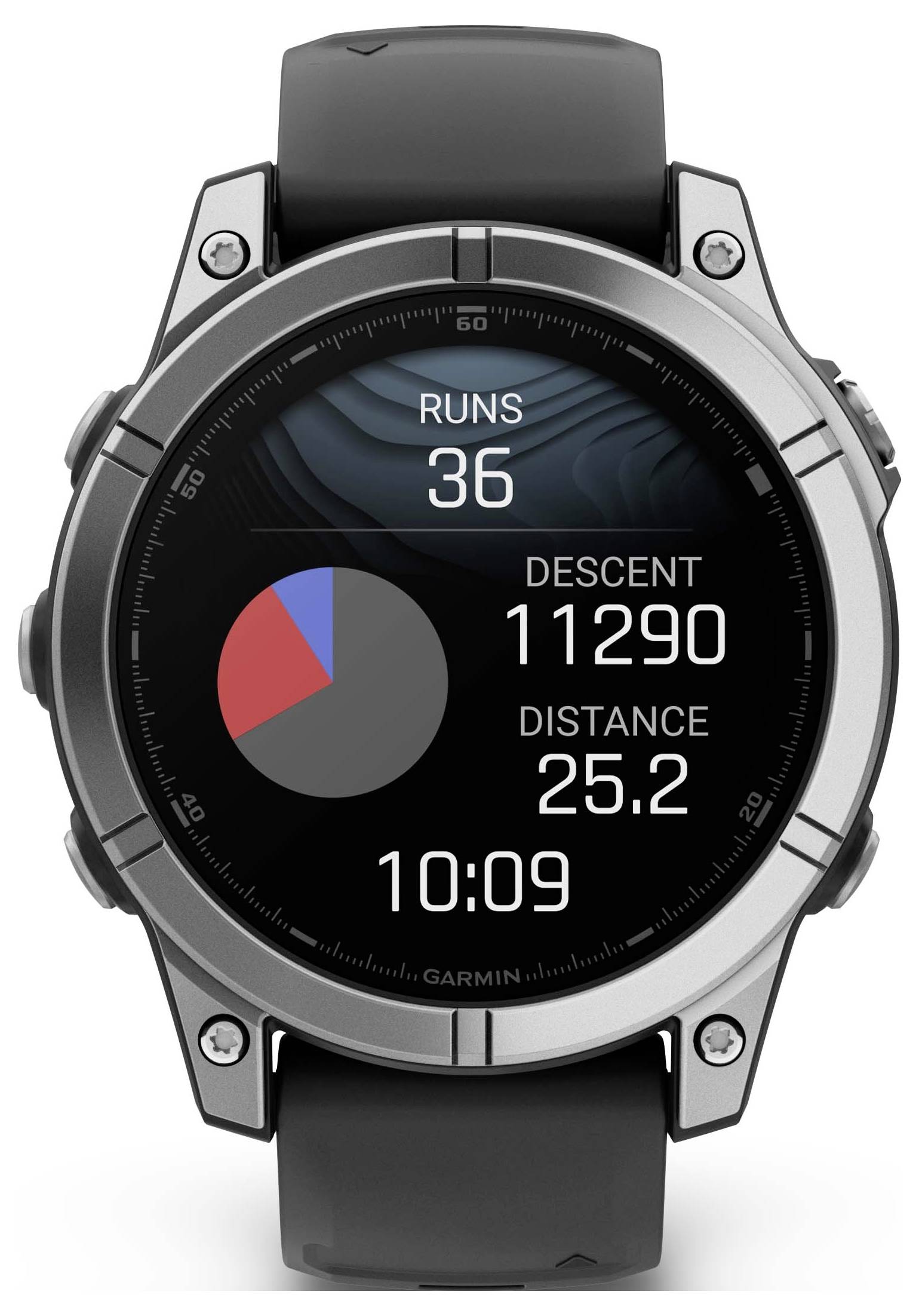 Et smartwatch viser sportsinformationer: 36 løb, 11.290 meter nedstigning, 25,2 kilometer distance. Aktuel tid 10:09.