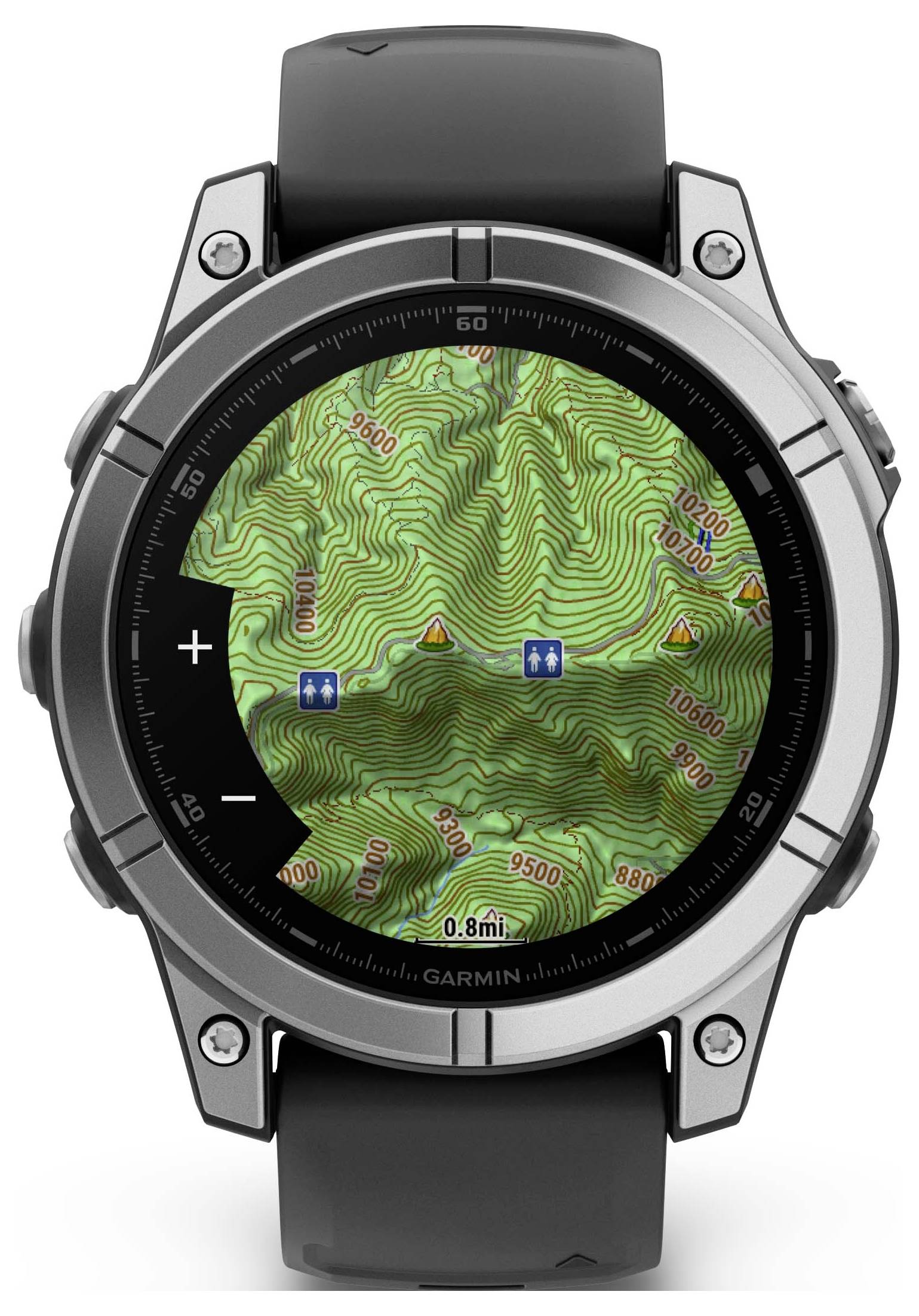 Digital ur med topografisk kort på displayet. Viser højdekurver, afstandsangivelser og markerede waypoints på en vandrerute.