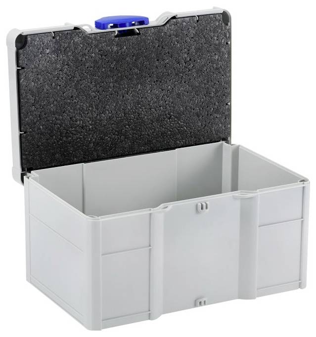 En åben grå plastik opbevarings boks med et sort skumforet låg og en blå lås, designet til sikkert at opbevare og transportere genstande.
