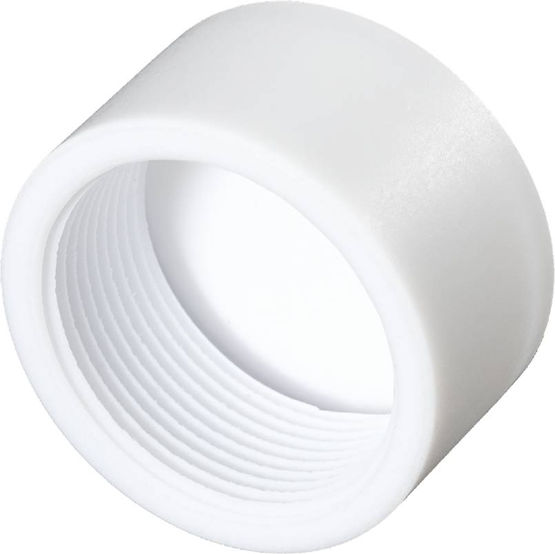 En hvid, cylindrisk plastiklåg med riflet indvendigt gevind, typisk for flaskebunde.