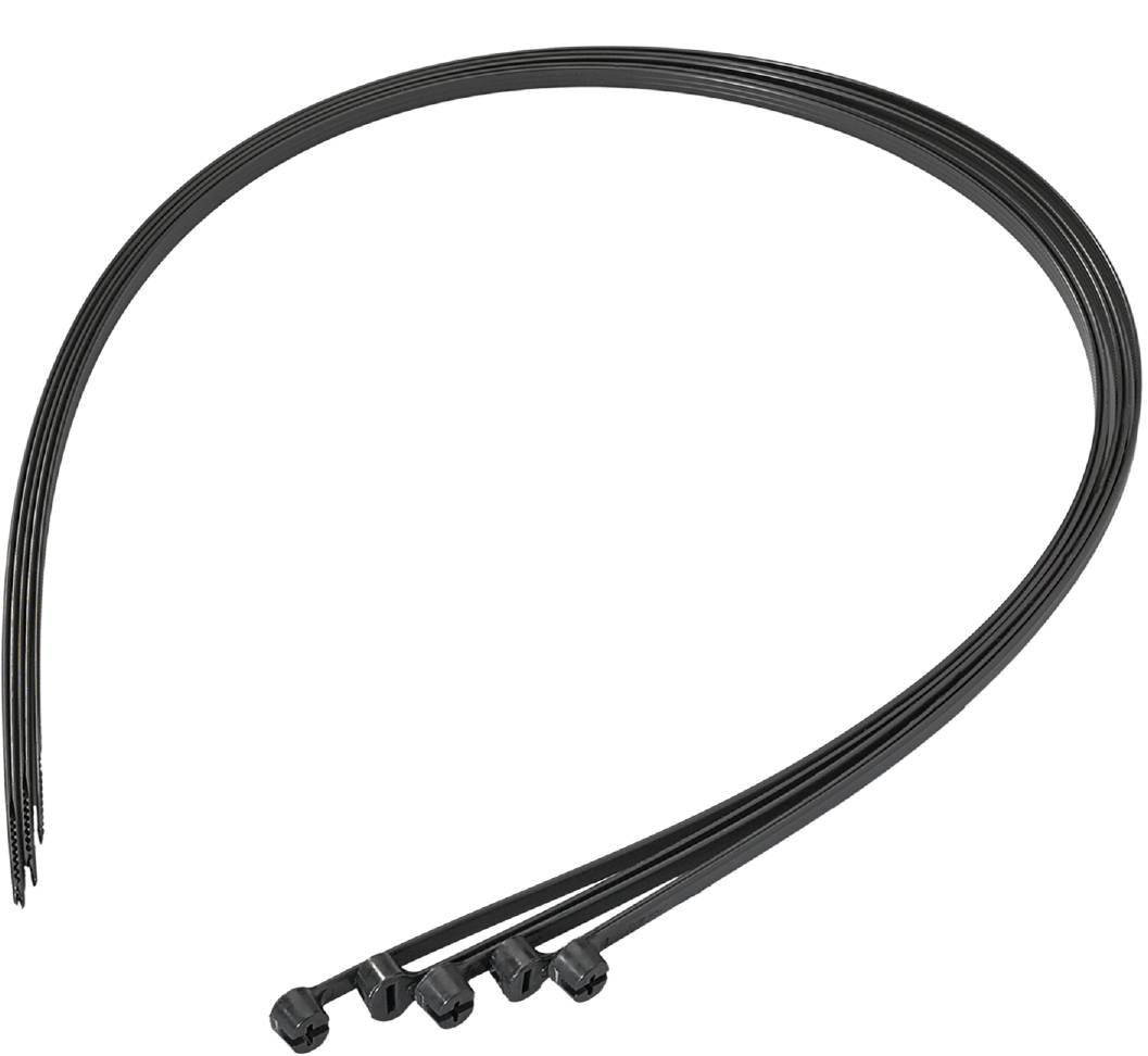 Fire sorte plastik kabelstrips, der ligger ved siden af hinanden.