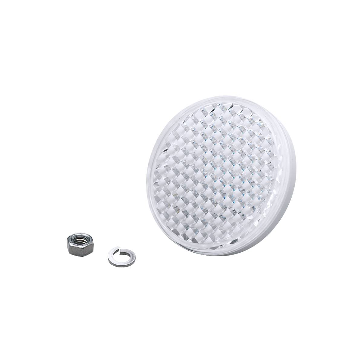 Rund reflektor med honeycomb-mønster lavet af plast, ved siden af en skrue og møtrik på sort baggrund.
