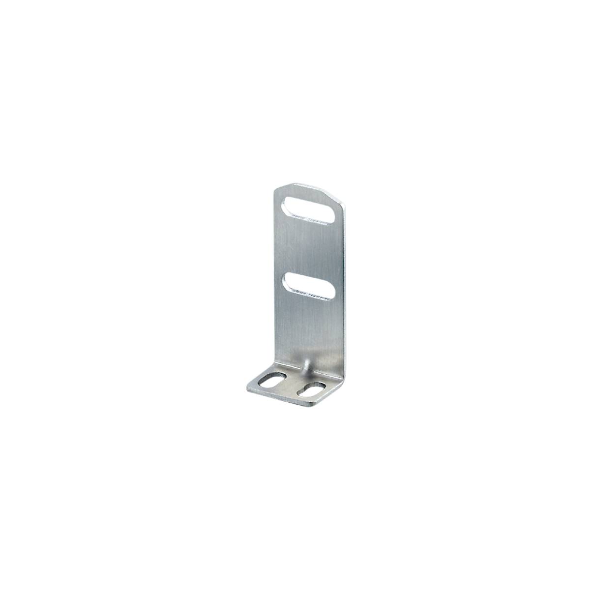 Metalvinkelforbinder med to ovale huller, bruges til fastgørelse på en overflade. Sølvfarvet, vist foran en sort baggrund.
