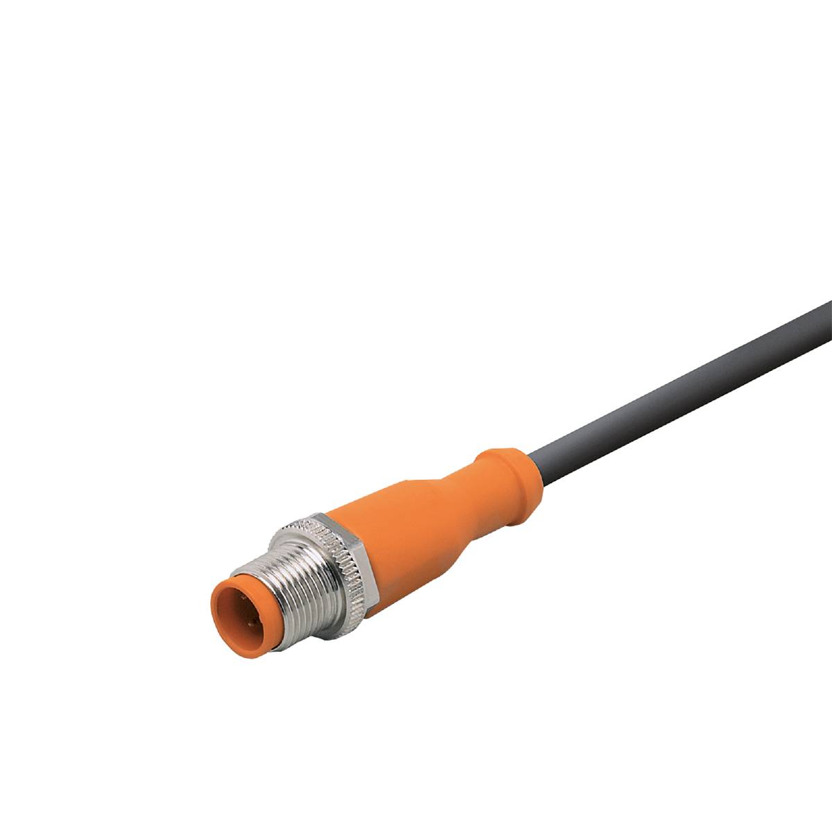 Et orange, trepolet stikkabel med metalskruefatning og grå ledning, centralt placeret foran en sort baggrund.