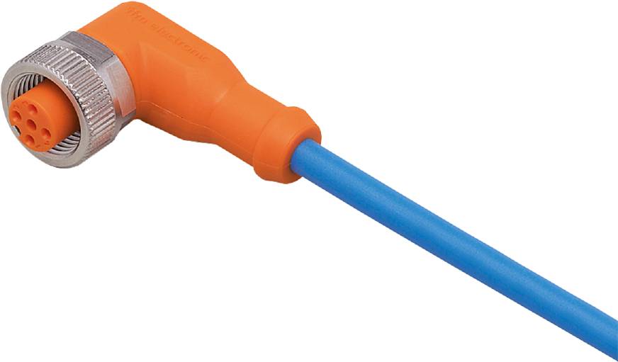 En orange-blå kabelstik med et retvinklet stik.