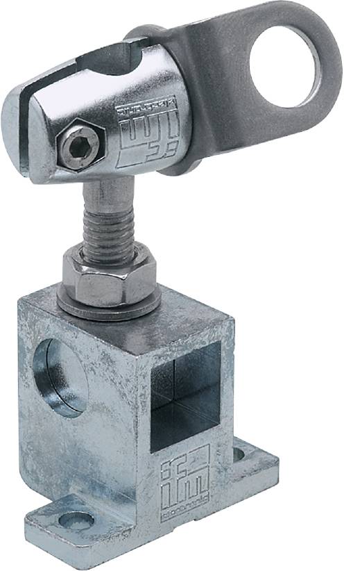 Nærbillede af et metall-spændesystem med gevind og skruer, monteret på en metalblok med en firkantet åbning.