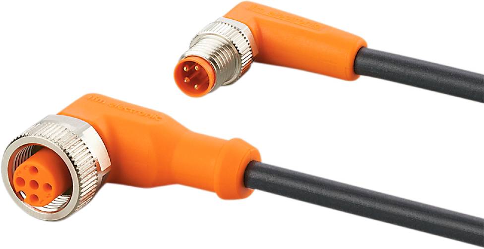To elektriske orange hjørnesammenkoblere med sorte kabler og sølvfarvede metalspænder, som viser fire stik, til elektrisk forbindelse.