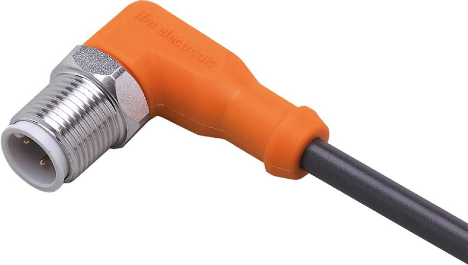 En orange vinklet stik med sort kabel, tilsluttet en metalgevind. Påskrift: 'ifm electronic'.