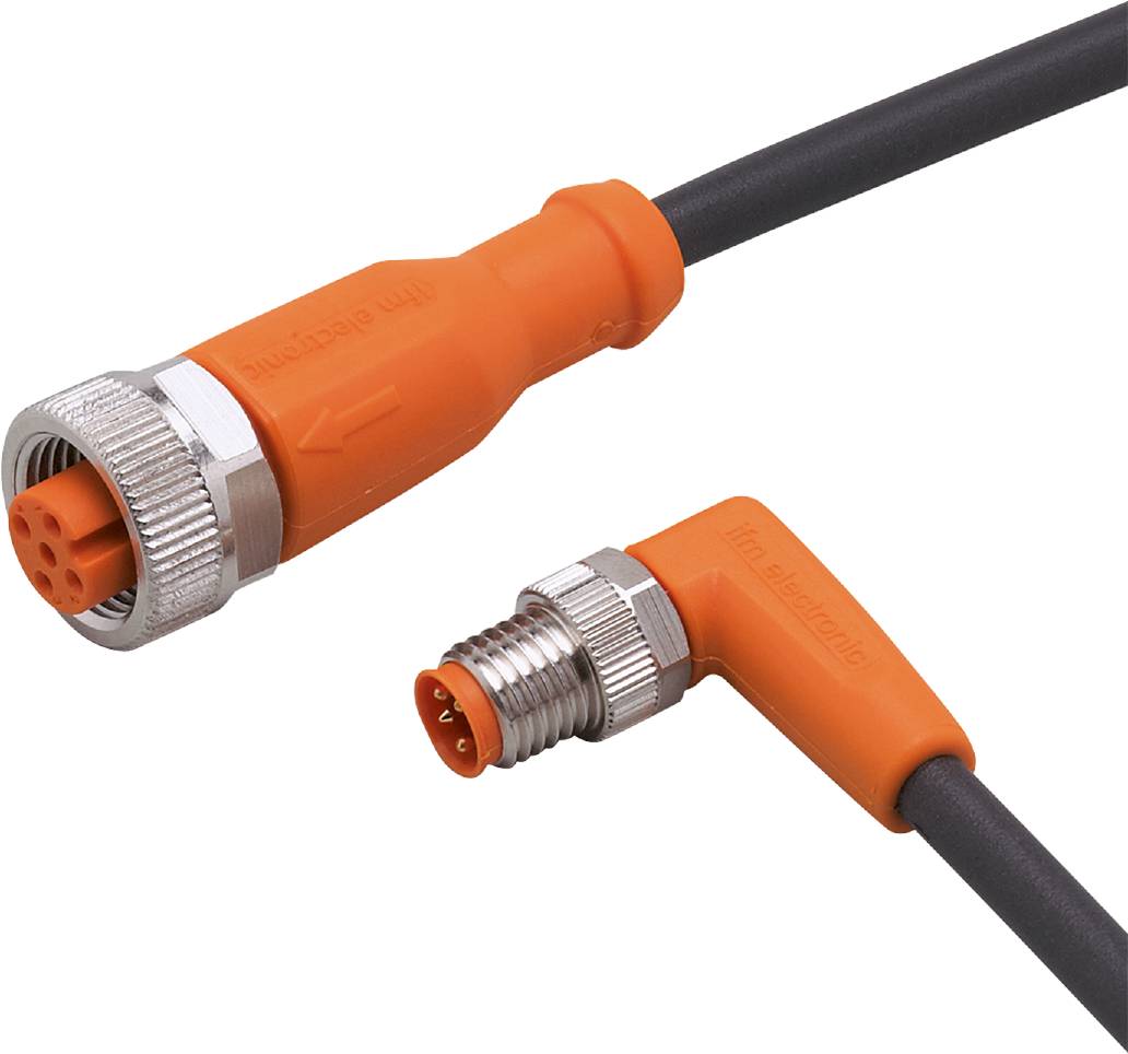 To dansk:<br><br>To orange M12-stikforbindere, en lige og en vinklet, med sort kabel. Bruges i industriel automatisering.