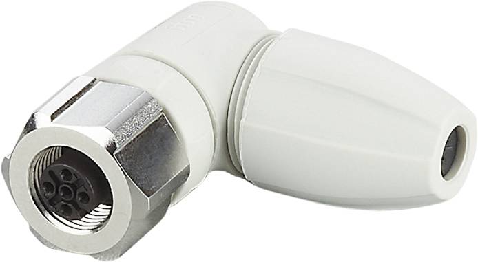 En hvid radiatortermostat med metalforbindelse, vist i nærbillede, viser den mekaniske drejeregulator på toppen.