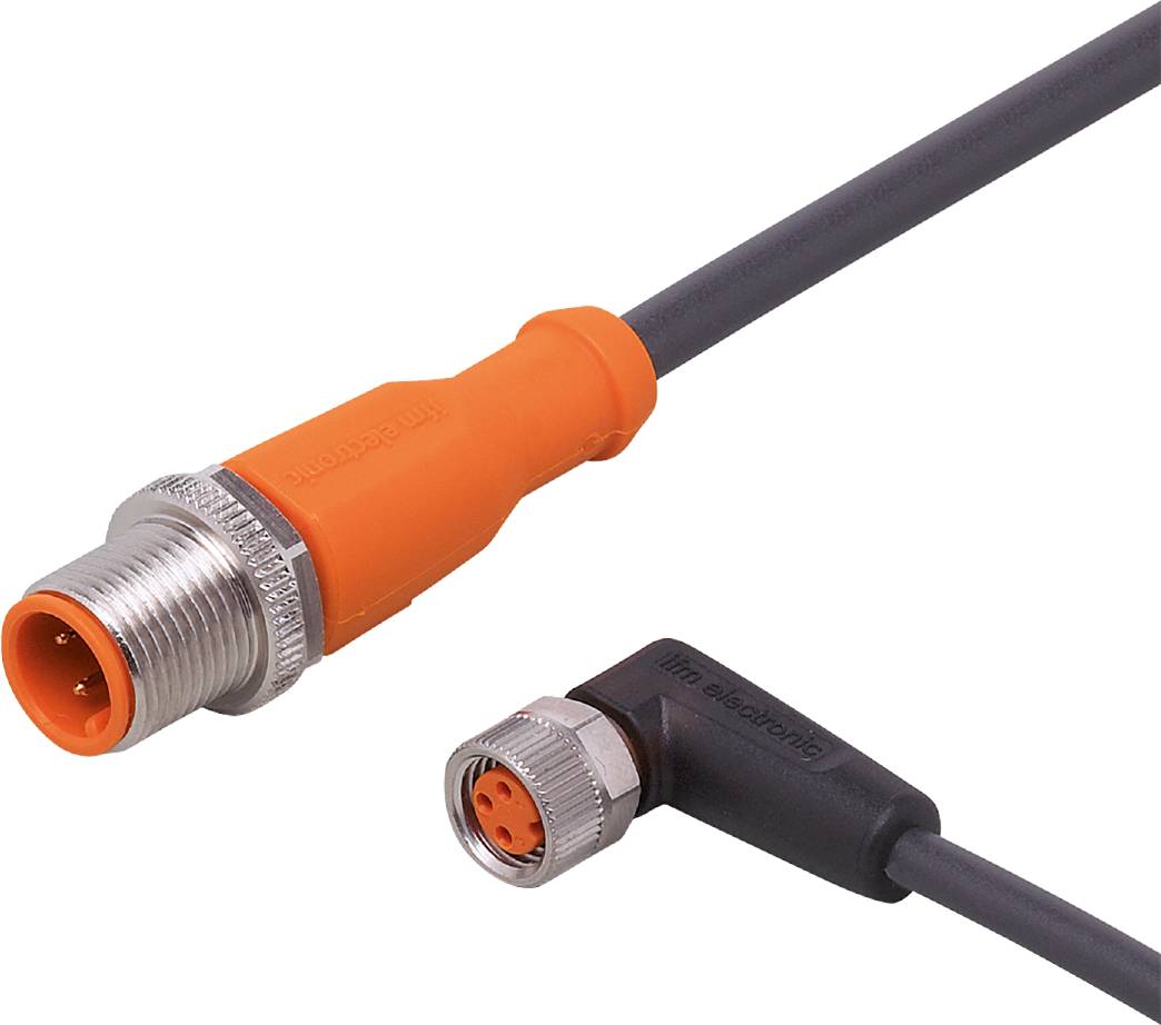 Kabelstik-forbindere med orange midterparti, sølvfarvet metaldesign og sort kabel, forbundet med et andet vinklet stik.