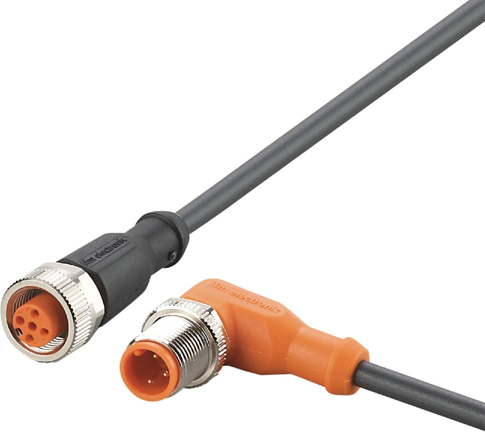 Et sort kabel med et rundt, hunstik og et orange kabel med et rundt, hanstik, begge med metalgevind.