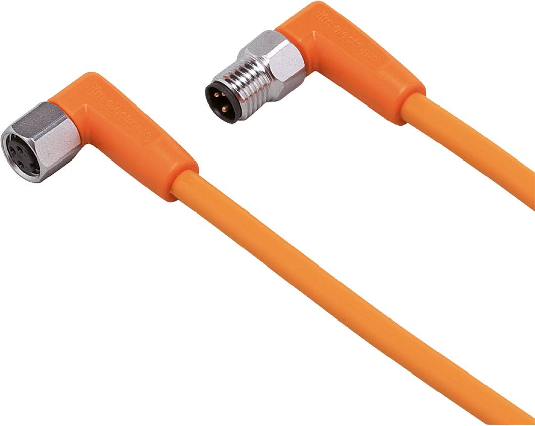 Et orange kabel med en vinkelret stik i den ene ende og en lige metallisk stik i den anden ende.