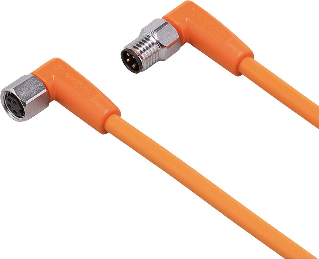 To Orange forbindelsesledninger med vinklede M8-stik, bruges til industrielle applikationer og sensorik.