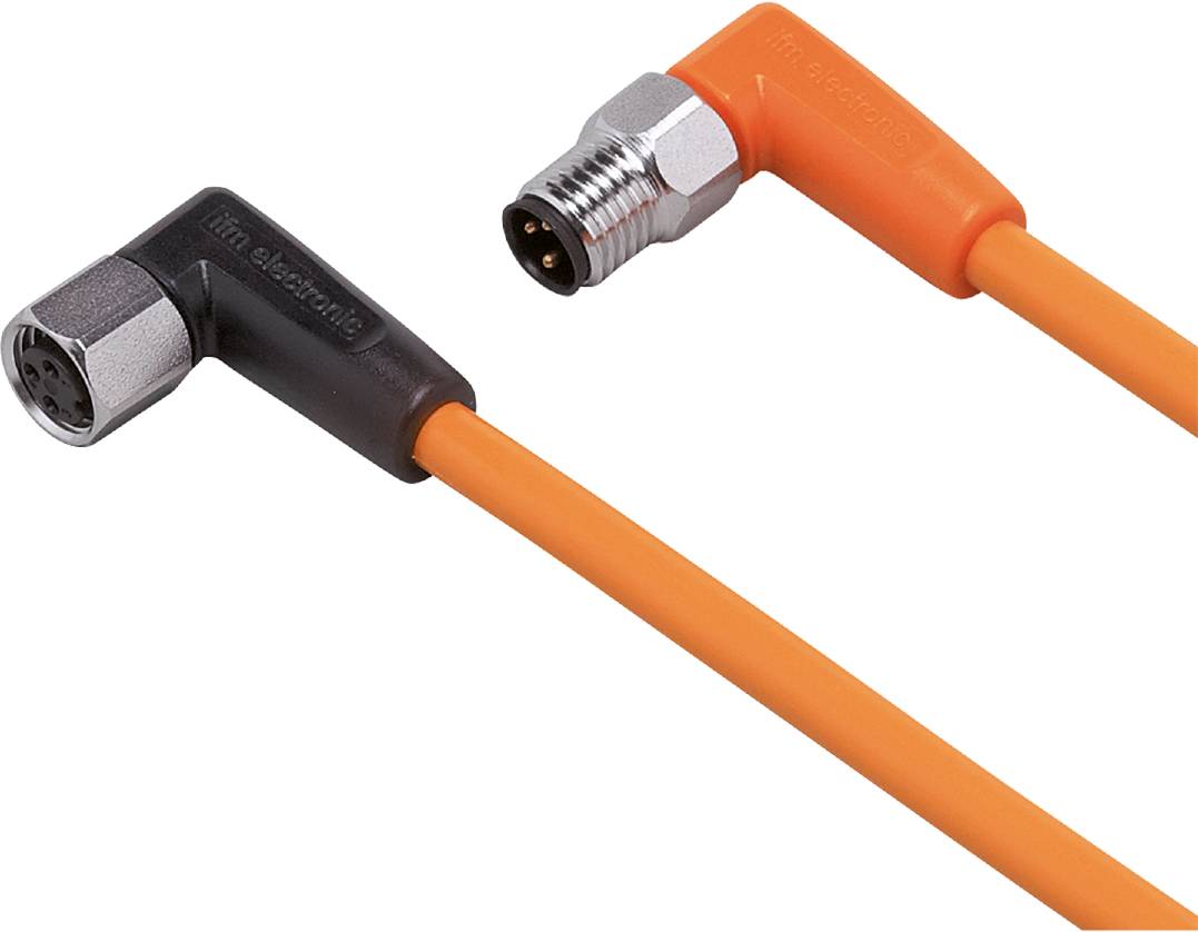 L-formet, orange kabel med to stikforbindelser, mærket med 'ifm electronic', til industrielle anvendelser.