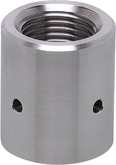 Et cylindrisk metalstykke med gevind på indersiden og to huller på ydersiden, sandsynligvis en maskindel.