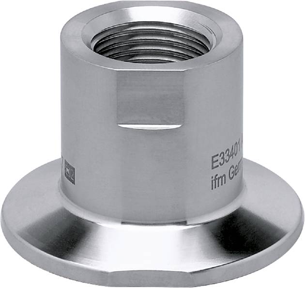 Metalsensorholder, cylindrisk, med indvendigt gevind, mærket med 'E33401' og 'ifm Germany'.