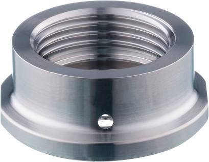 Metalcylinder med indvendigt gevind og et sidehul, muligvis beregnet til forbindelser eller fastgørelse.