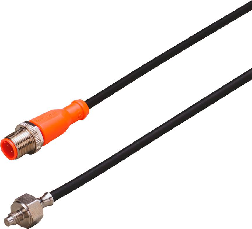 Et sort kabel med en orange og en sølvfarvet stik i hver ende, sandsynligvis til data- eller strømoverførsel.