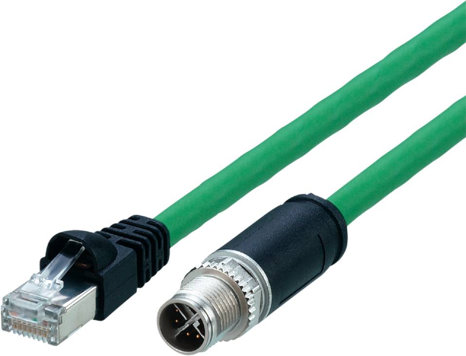 Grøn netværkskabel med RJ45-stik i venstre side og rundt metallisk stik i højre side, bruges til industrielle Ethernet-applikationer.