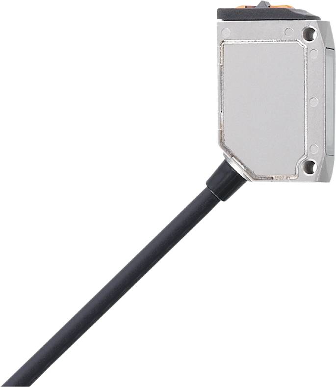 Lille, rektangulær sensor med metalkappe og sort kabel, egnet til industrielle anvendelser.