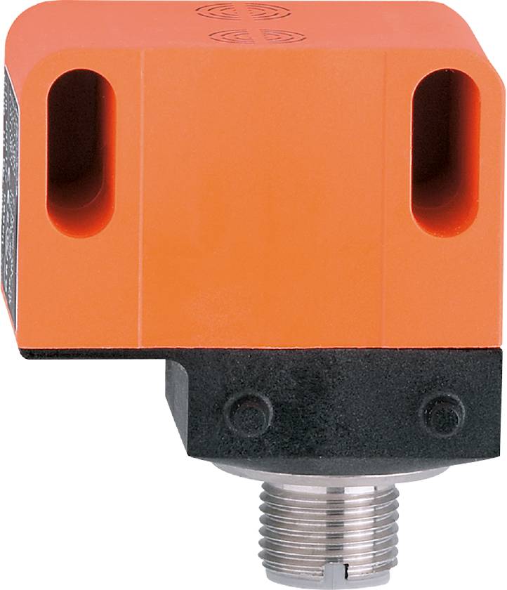 En firkantet induktiv sensor i orange og sort med cylindrisk metalsokkel, egnet til at registrere metalobjekter.