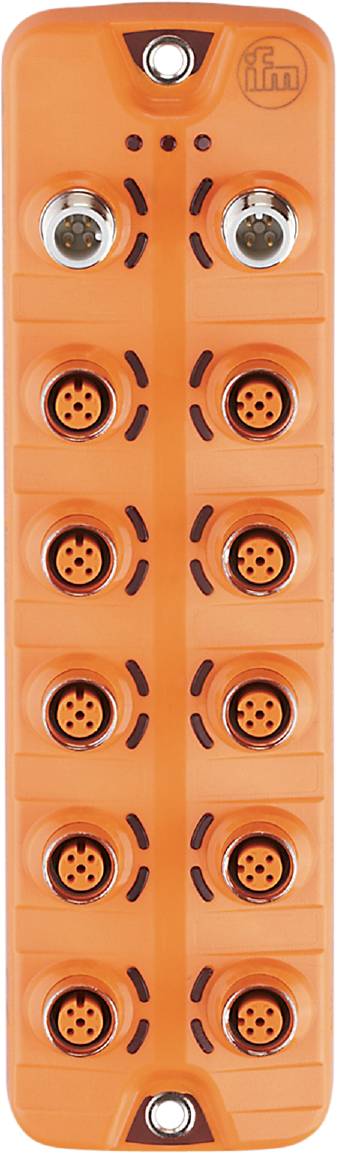 Orange tilslutningsblok med otte cirkulære stik arrangeret i to lodrette rækker.