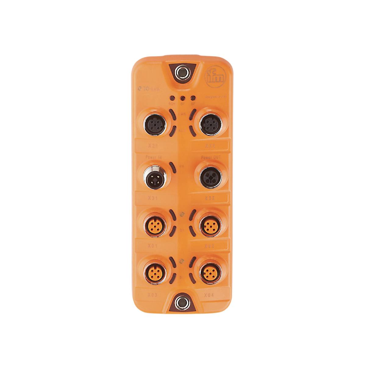 Et orange multitilslutningsmodul med otte cirkulære tilslutninger, symmetrisk arrangeret, på sort baggrund.