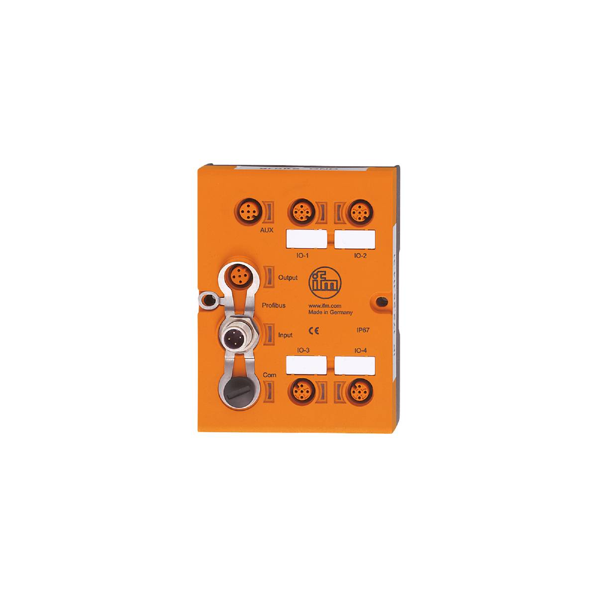 En orange elektronisk enhed med et varemærkelogo og flere stikforbindelser, sandsynligvis til industrielle anvendelser.