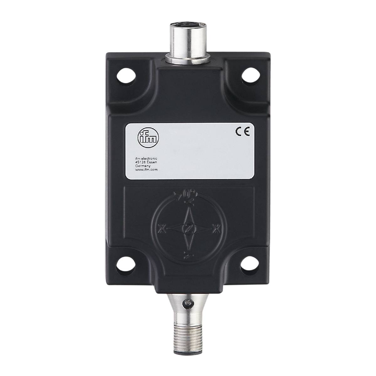 Sort elektrisk sensor fra ifm electronic på sort baggrund, med CE-mærke. Tilslutninger øverst og nederst, logo i midten.